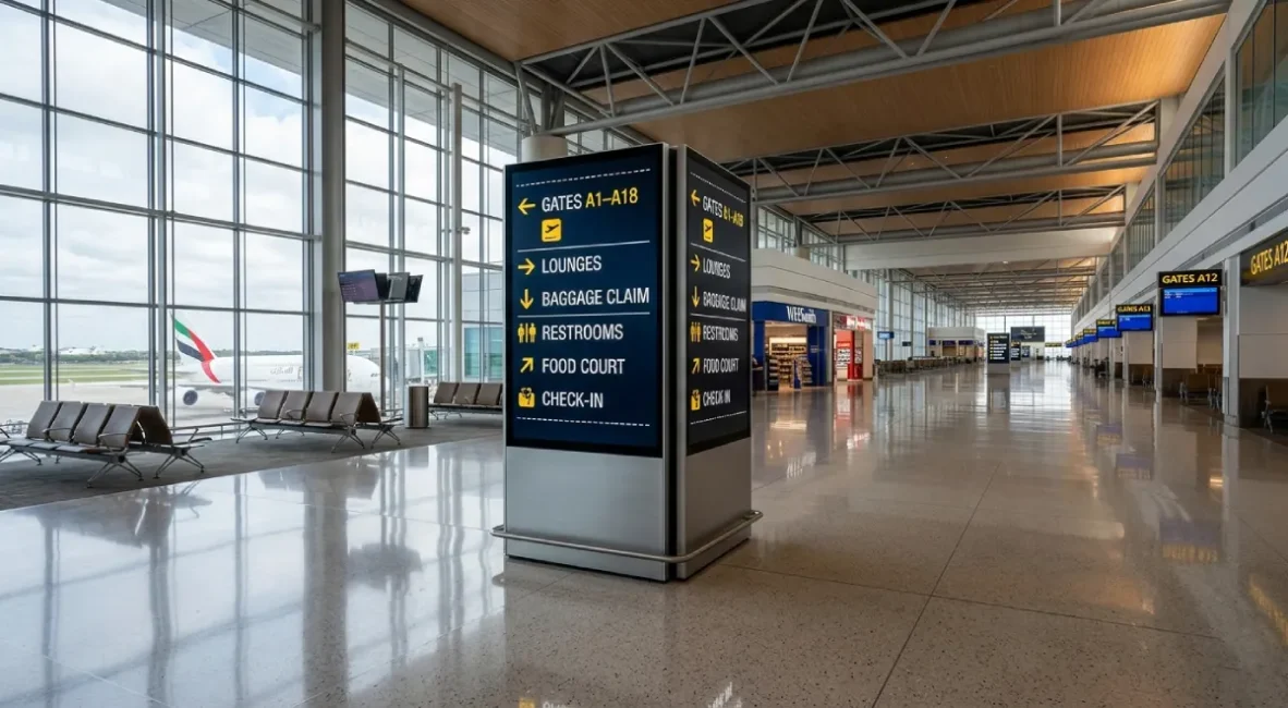 airport interior signage brushed aluminum gate identification