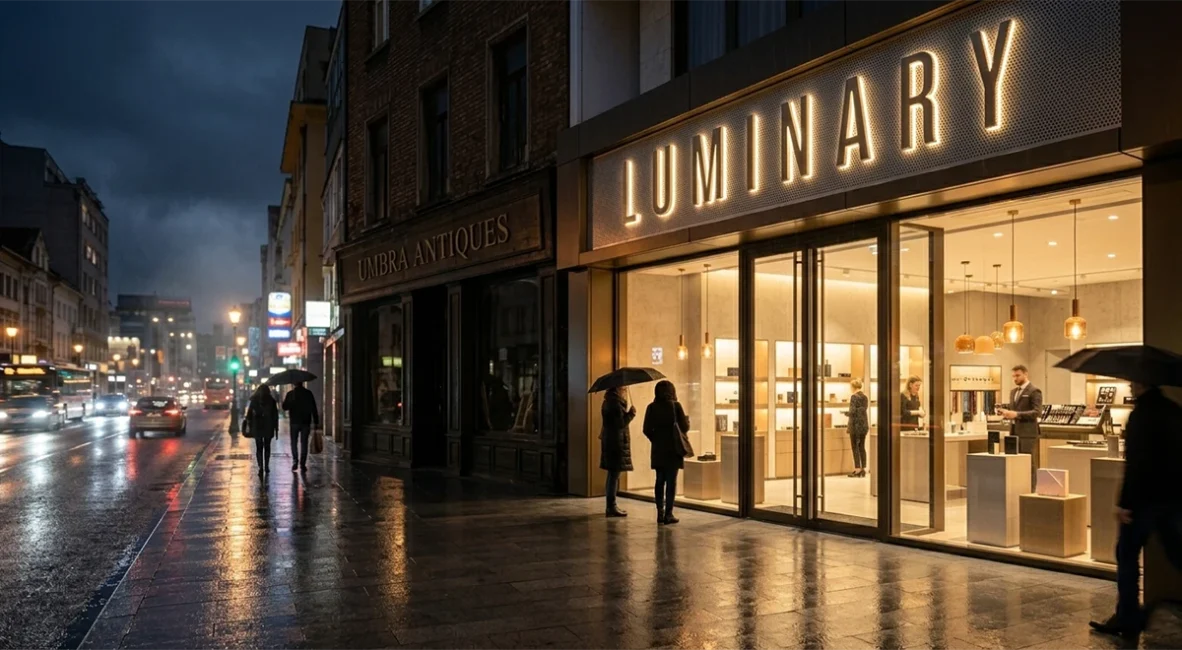 comparatie vizibilitate fatada cu reclama luminoasa versus fatada fara iluminare