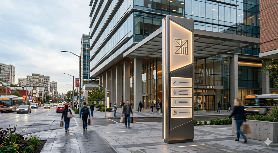 totem publicitar exterior amplasat la intrarea unui spatiu comercial urban