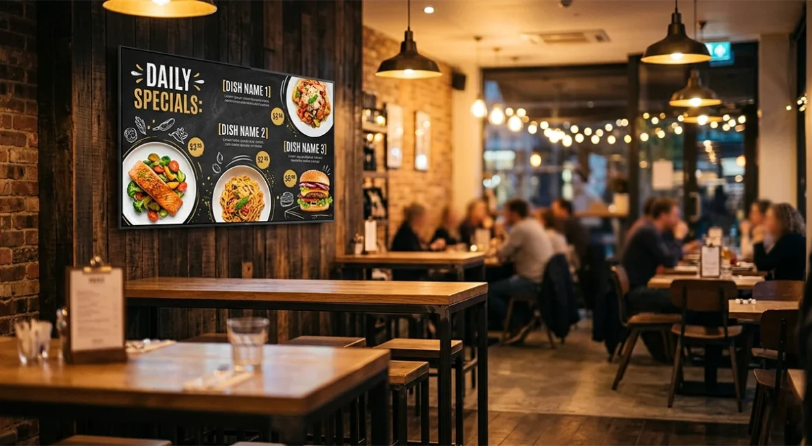 wall mounted lcd screen restaurant interior menu display evening lighting